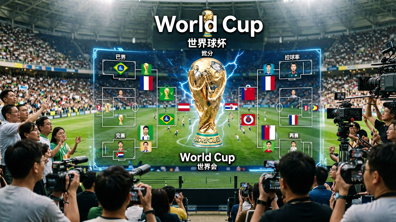 World Cup 直播画面、比分弹窗、控球率图表等场景